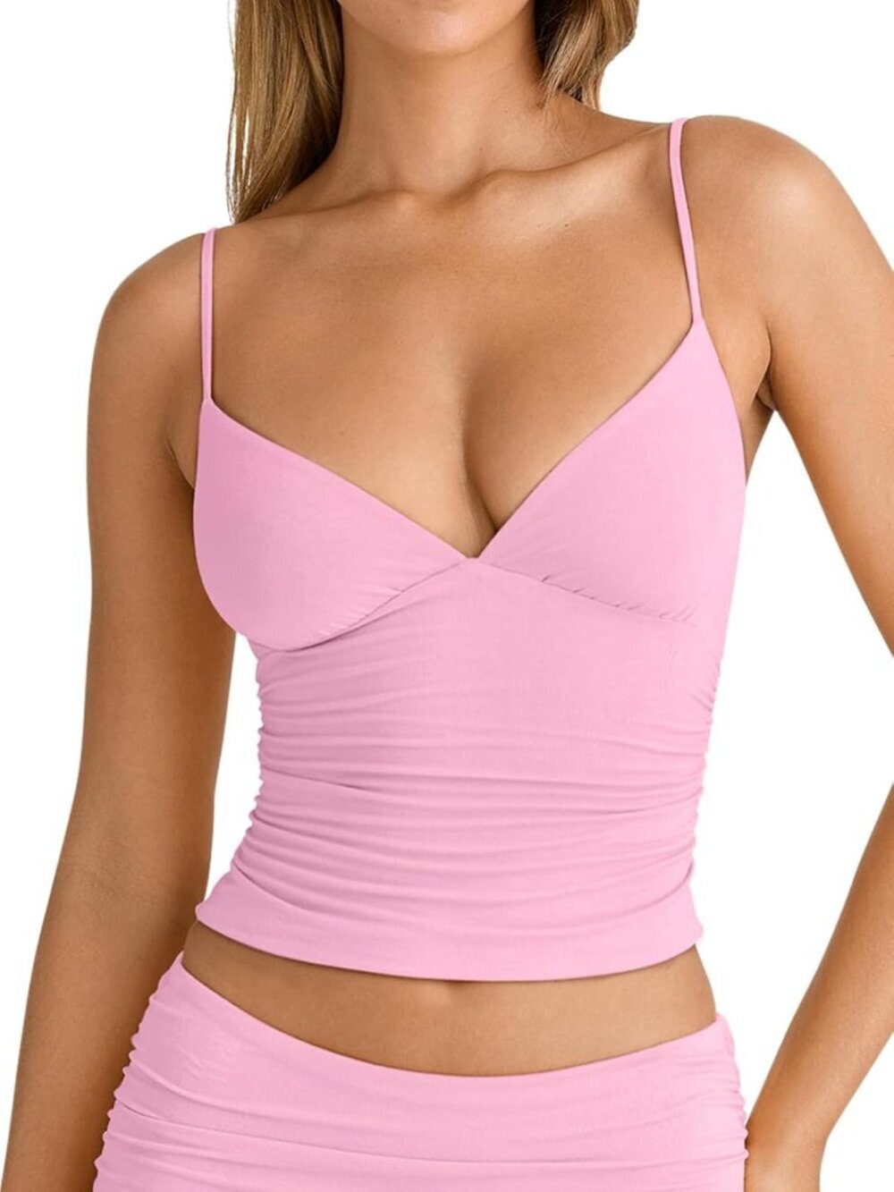 Women's Spft Pink Neck Ruched Sleeveless Spaghetti Double Fitted Tank Tops